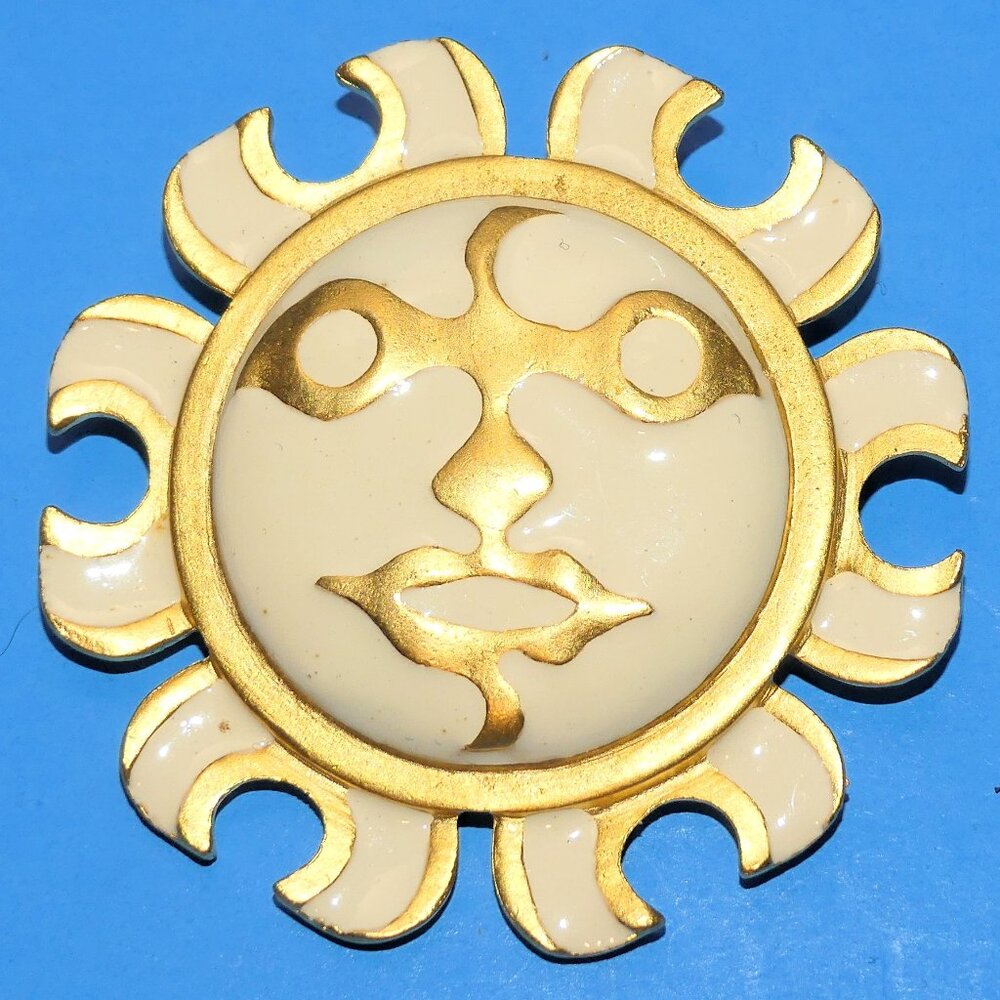 Vintage Maxine Denker Sun Face Brooch Pin Enamel Gold Tone Modernist Signed Rare